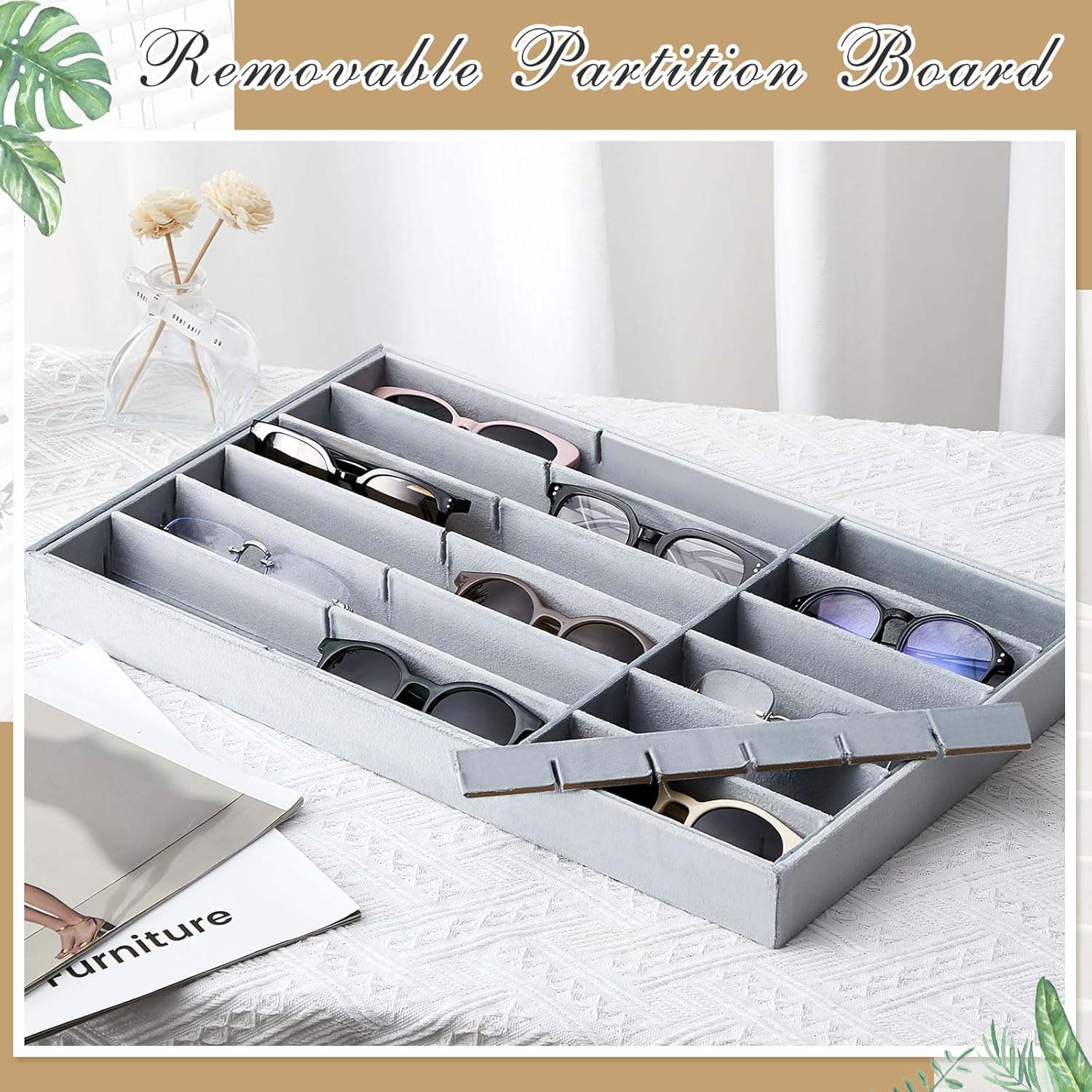 Amylove 2 Pcs Sunglass Organizer Trays Glasses Stackable Jewelry Trays Sunglass Organizer Display Box(18 Grids,Gray)