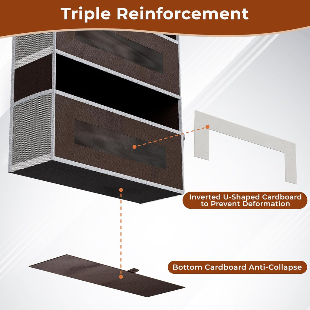 5-Tier Over The Door Storage Organizer with 10 Side Mesh Pockets, 48 lbs Load Capacity, 3 Hooks Design, Door Hanging Organizer with Clear Windows for Bathroom, Bedroom, Nursery, Kitchen-Brown