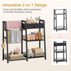 Gewudraw 2-in-1 Bathroom Ladder Shelf with Towel Rack&Storage Drawer, Black | 3-Tier Bathroom Organizers and Storage with Hooks, Bathroom Towel Storage, Towel Shelf for Laundry Room, Living Room, Balcony