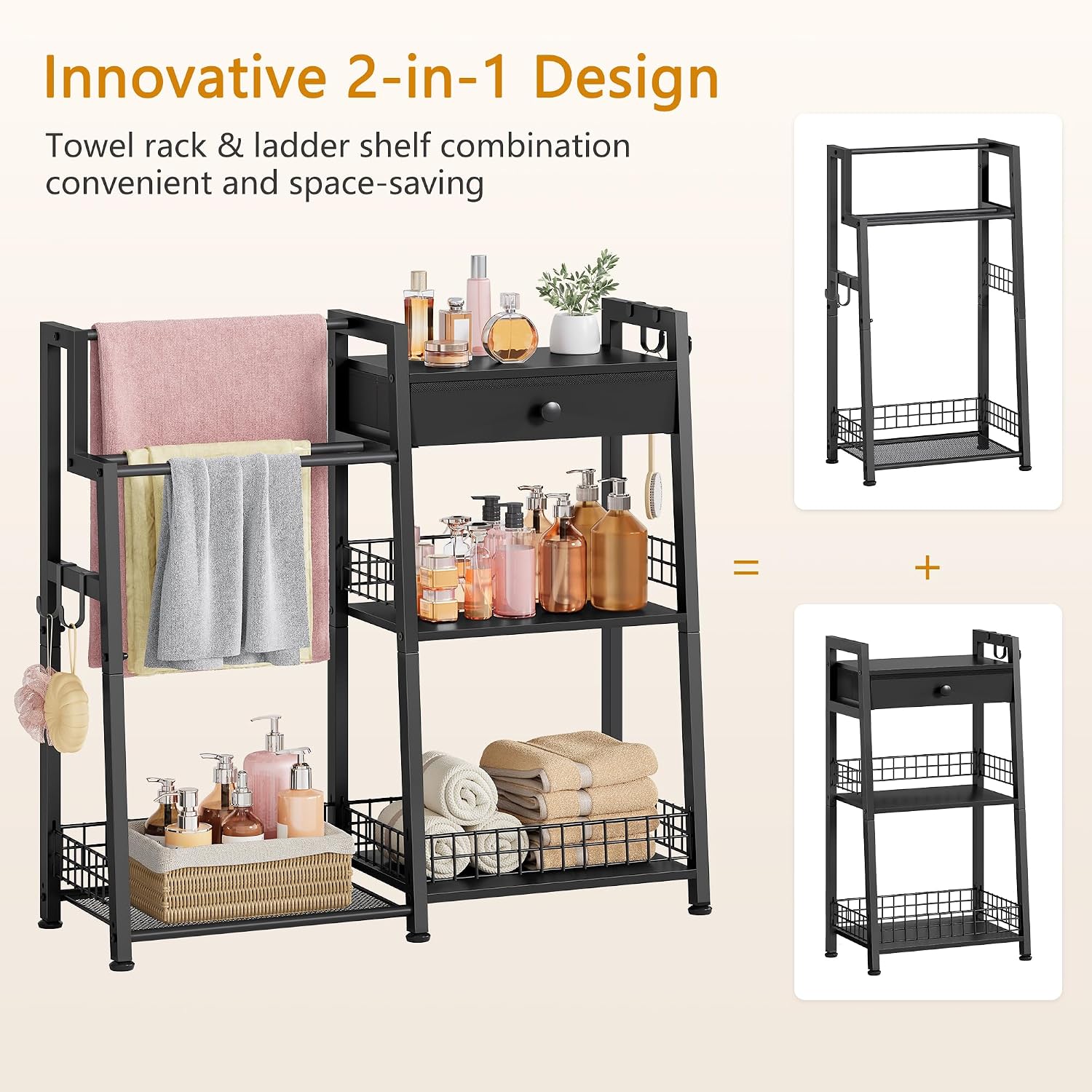 Gewudraw 2-in-1 Bathroom Ladder Shelf with Towel Rack&Storage Drawer, Black | 3-Tier Bathroom Organizers and Storage with Hooks, Bathroom Towel Storage, Towel Shelf for Laundry Room, Living Room, Balcony