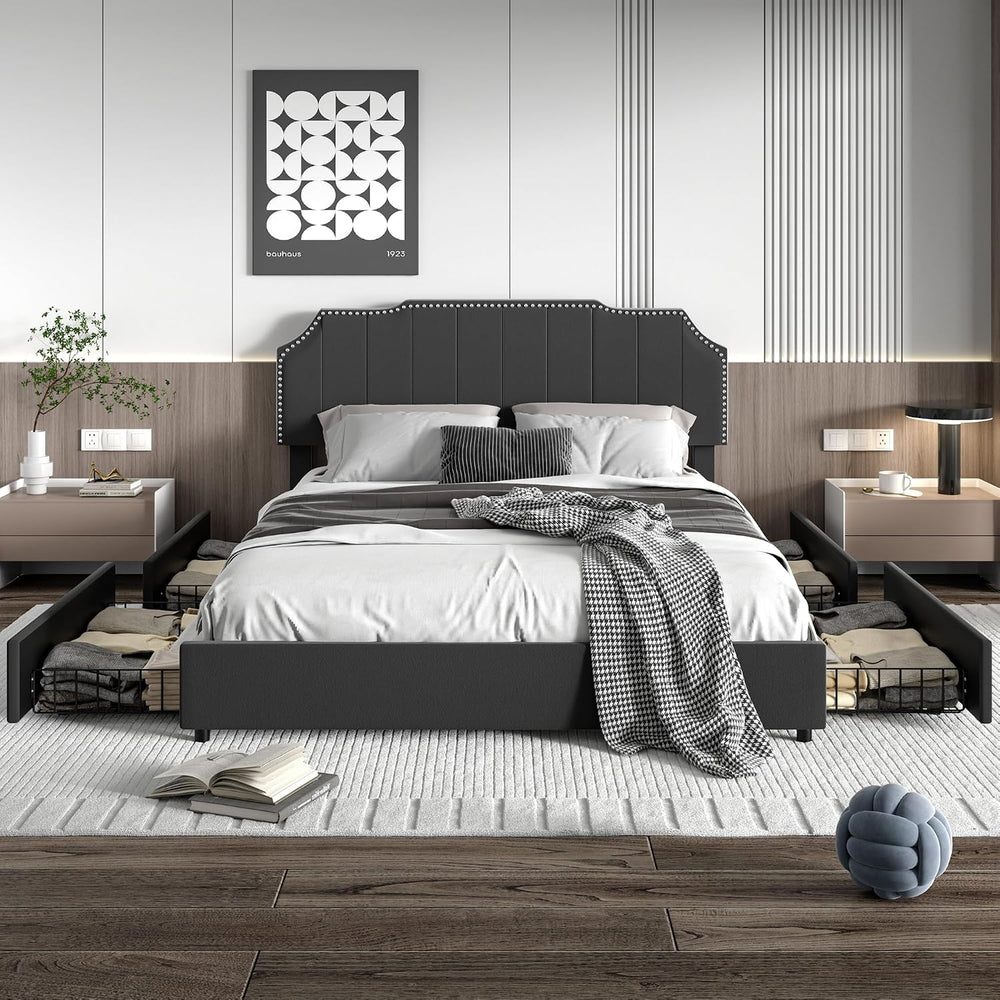 VECELO Queen Bed Frame with 4 Storage Drawers & Upholstered Platform &amp...