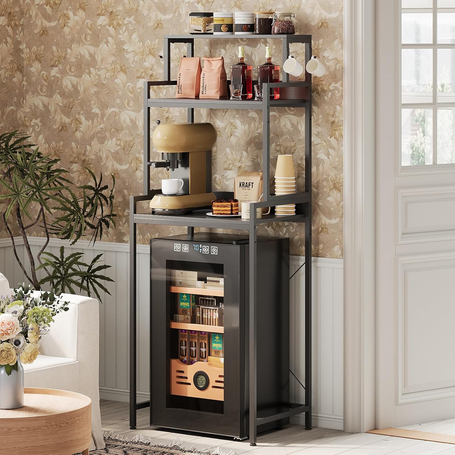 3-Tier Mini Fridge Stand Kitchen Bakers Rack with Adjustable Shelves, Freestanding Microwave Stand with Storage, Split Design Coffee Bar Shelf for Home Office Dorm (Black, 25.6")