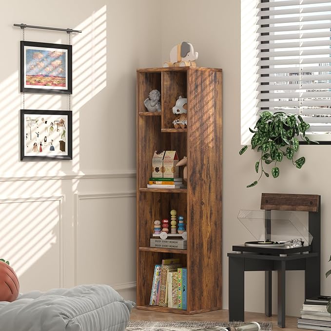 VECELO Small Bookshelf, 5 Cube Slim Bookcase, Fits Tallest Hardcovers, Horizontal Available, Modern Floor Standing Unit, Each Shelf Hold Up to 66 LBS, Vintage Brown