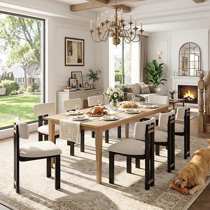 HNY Modern Farmhouse Linen Dining Chairs Set of 6, Beige Fabric Upholstered D...