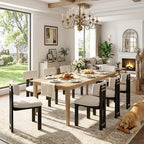HNY Modern Farmhouse Linen Dining Chairs Set of 6, Beige Fabric Upholstered Dining Room Kitchen Chair with Black Wood Frame & Curved-Back, Armless Accent Wooden Chairs for Dining Living Room