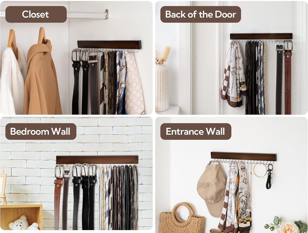 StorageWorks Tie Rack with 20 Hooks, 2-Pack Wall-Mounted Wooden Hangers for Neckties, Belts, Hats, Natural Walnut Color