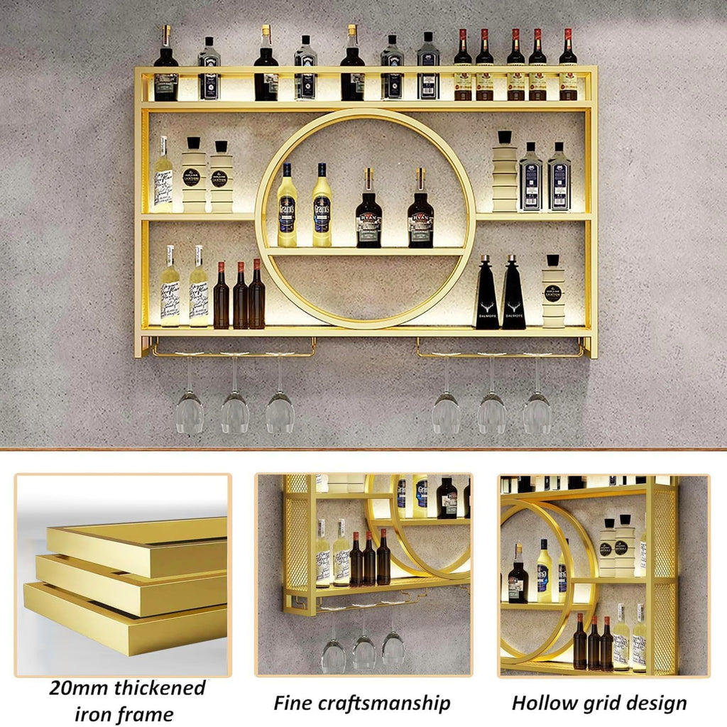 39 Inch Bar Shelves Wall Mounted Wine Rack with LED Light | 3 Tier Large Capacity w/Wine Glass Holder, Liquor Bottle Display Shelf, for Modern Home Bar Restaurant
