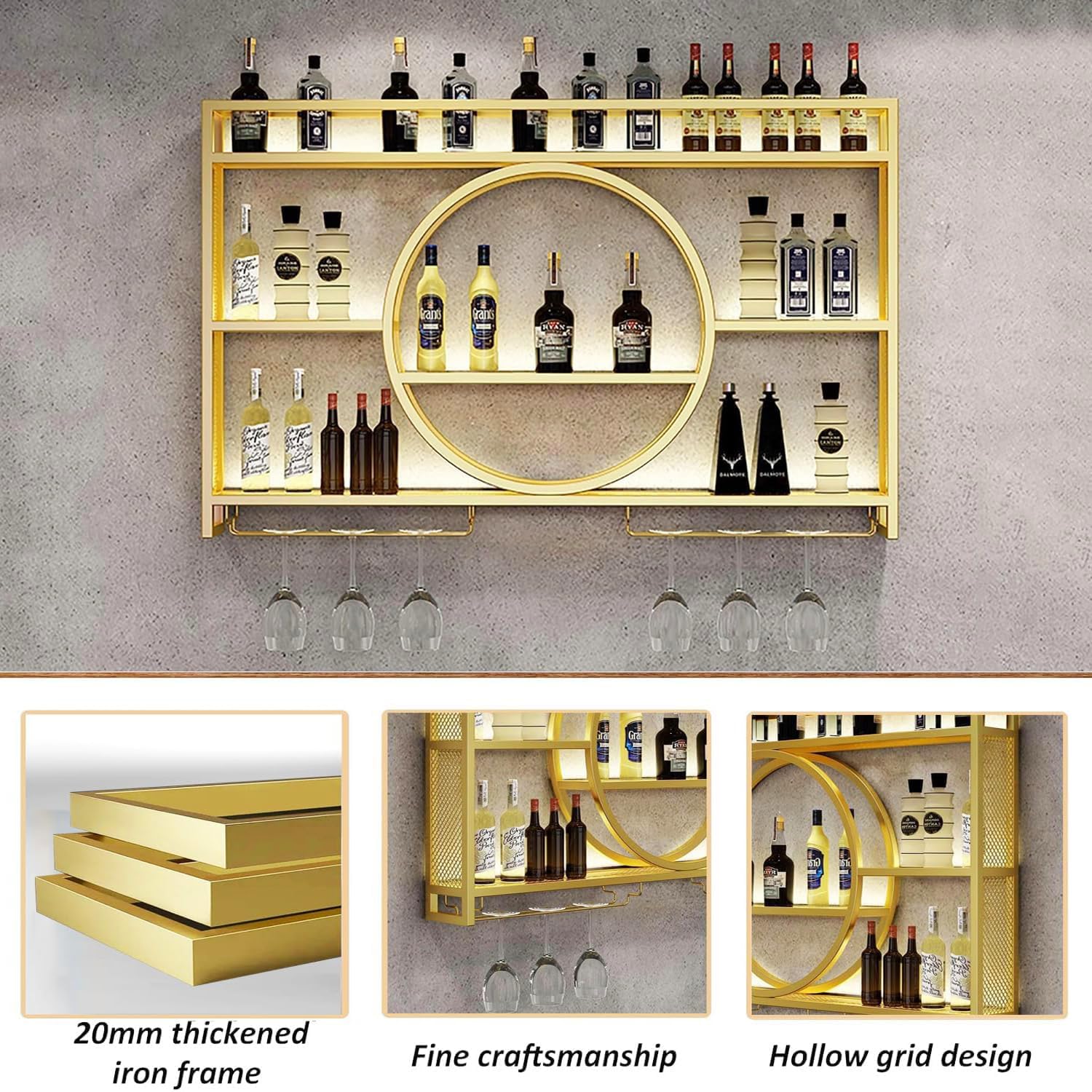 39 Inch Bar Shelves Wall Mounted Wine Rack with LED Light | 3 Tier Large Capacity w/Wine Glass Holder, Liquor Bottle Display Shelf, for Modern Home Bar Restaurant