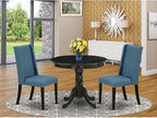 East West Furniture ANFL3-ABK-21 3 Piece Modern Dining Table Set Contains a Round Kitchen Table with Pedestal and 2 Blue Linen Fabric Parson Dining Chairs, 36x36 Inch, Wirebrushed Black