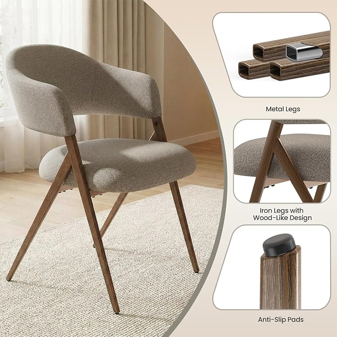 Dining Room Chairs Set of 4, Upholstered Dining Room Chairs, Mid Century Fabric Kitchen Chairs with Curved Backrest and Metal Legs, Taupe