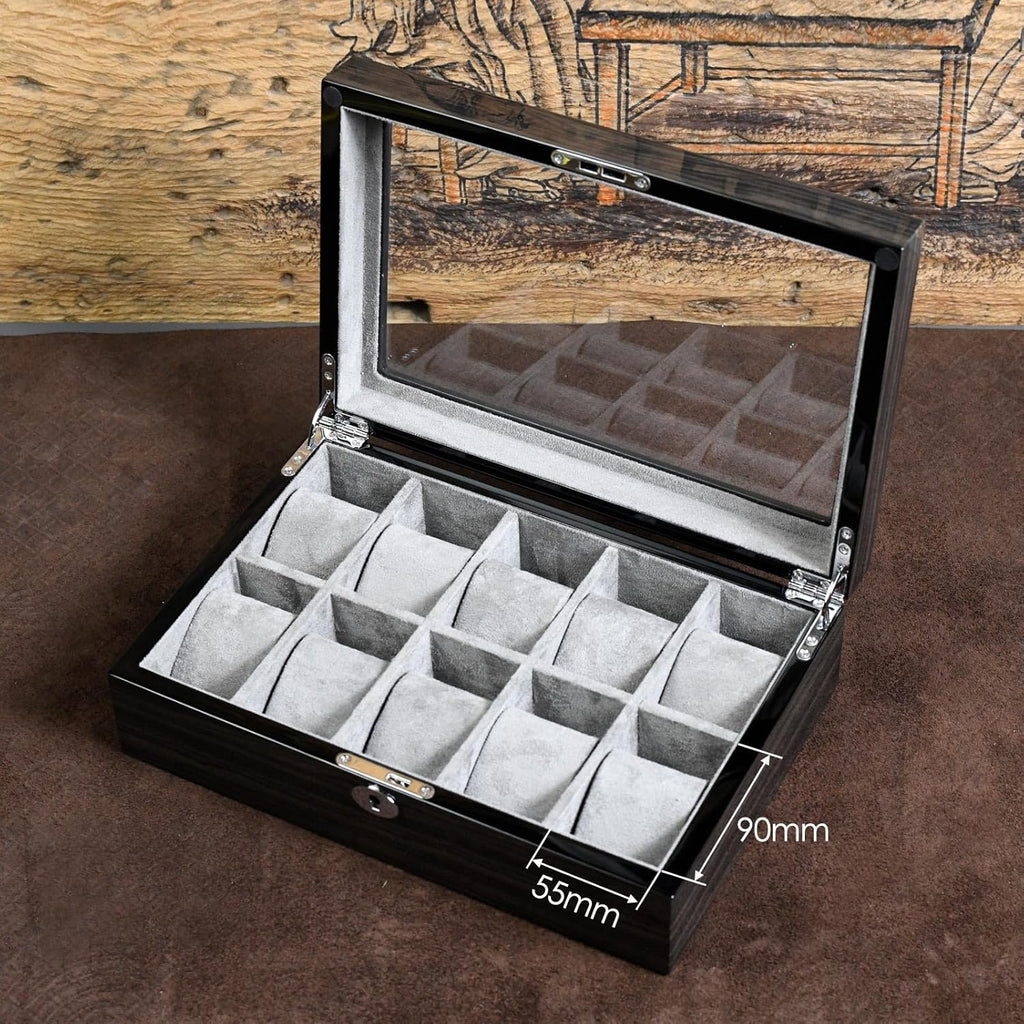 Watch Box for Men 10 Watches Storage box&Organizer Smart Watch Display Case - Ebony Wood with Soft Velvet Interior-Large Glass Window-Gift for Women and Man (10W-GYG)