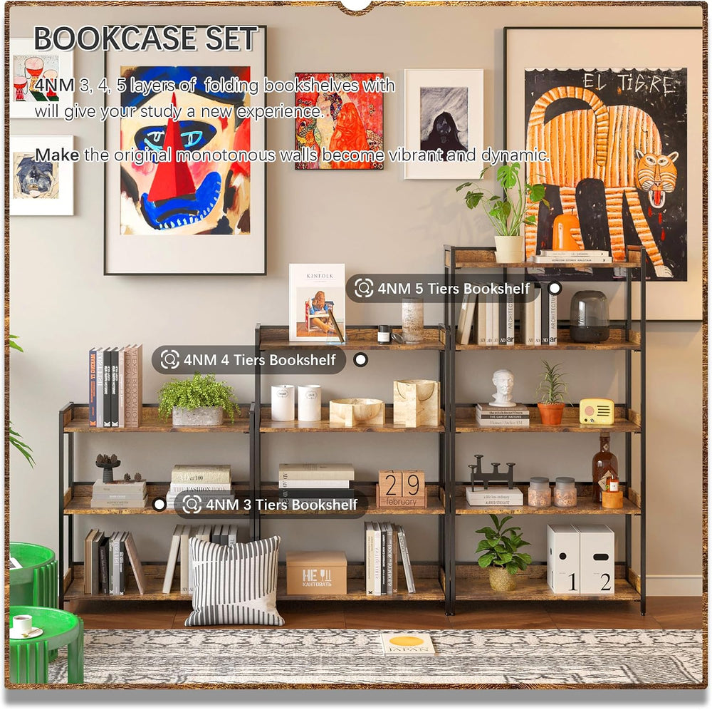 Wide 3 Tier No Assembly Folding Bookshelf Foldable Open Shelf, Rustic Brown