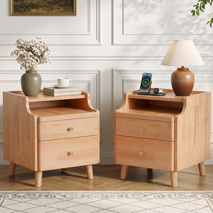 Nightstand Set of 2, Pre-Assembled, 19.7“H Solid Wood Night Stand with 2 Drawers, Open Sliding Shelf, Mid Century Modern Small Bedside Table for Bedroom, Natural Oak 16"
