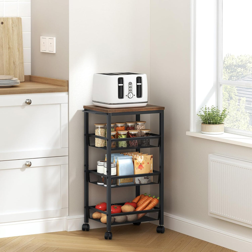 Hoctieon Rolling Storage Cart, 4-Tier Wide Panel Kitchen Storage Cart, Utility Carts with Handle & Wheels, Mobile Shelving Unit, Metal Frame Narrow Carts for Home Kitchen, Laundry, Rustic Brown