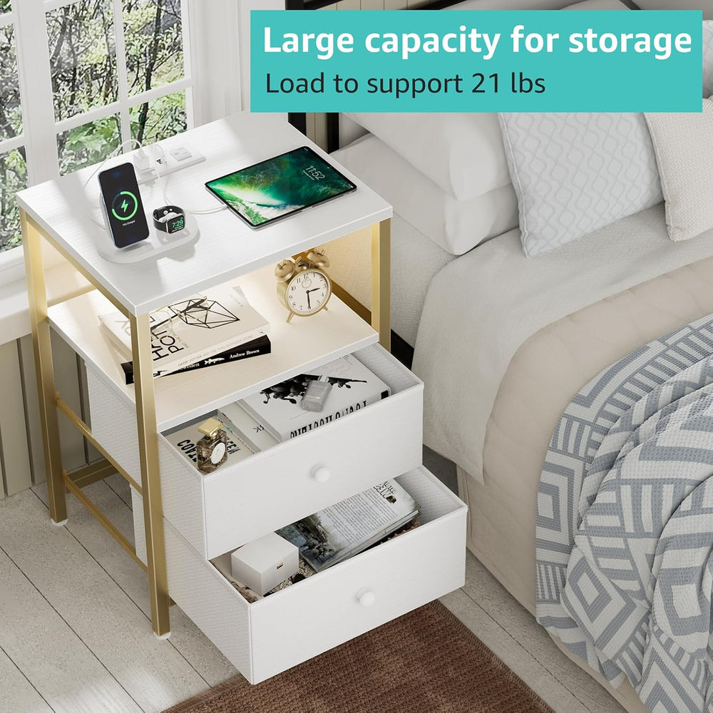BOLUO Gold Nightstand with Charging Station, LED Night Stand with 2 Fabric Dr...