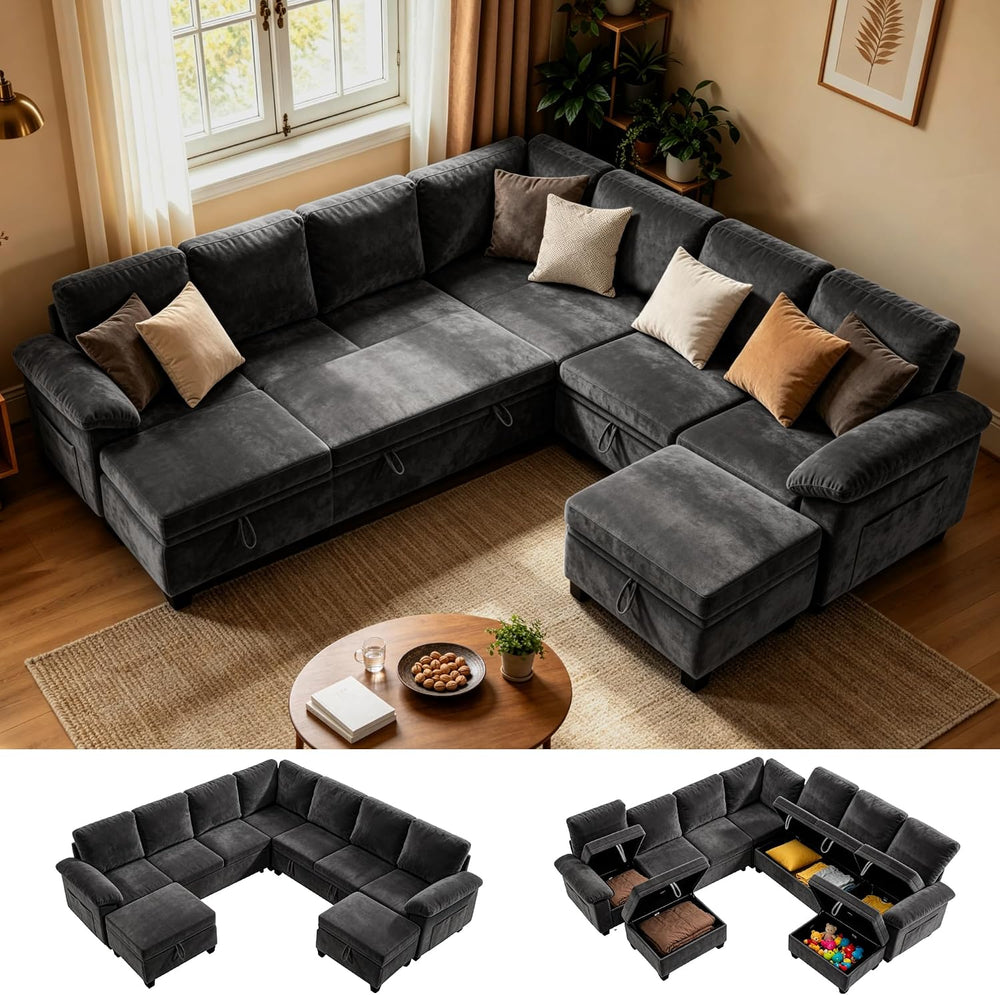 Oversized Sectional Sleeper Couch, 9 Seat Modular Sofa Pull-Out Storage Bed |...