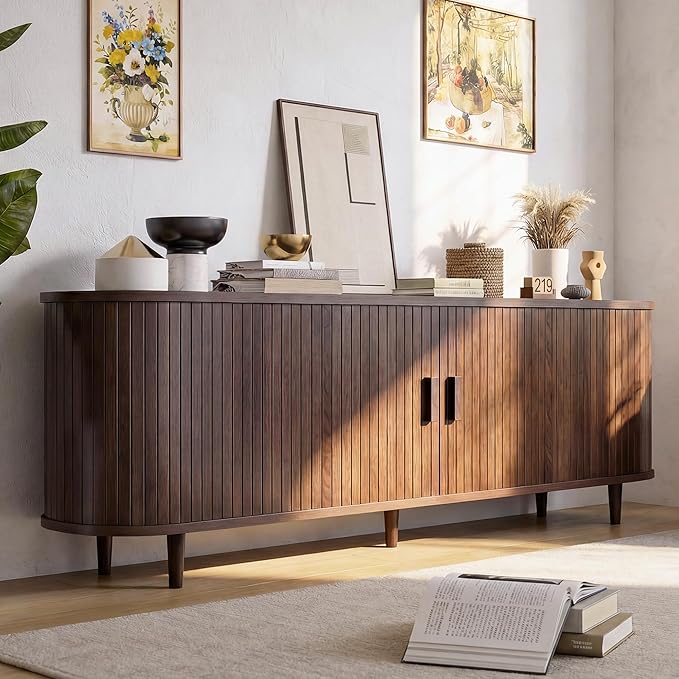 65" Mid Century Modern TV Stand, Wood TV Consoles with Sliding Doors and Power Outlet, Fluted Entertainment Center with Adjustable Shelves, Media Console for Living Room, Walnut