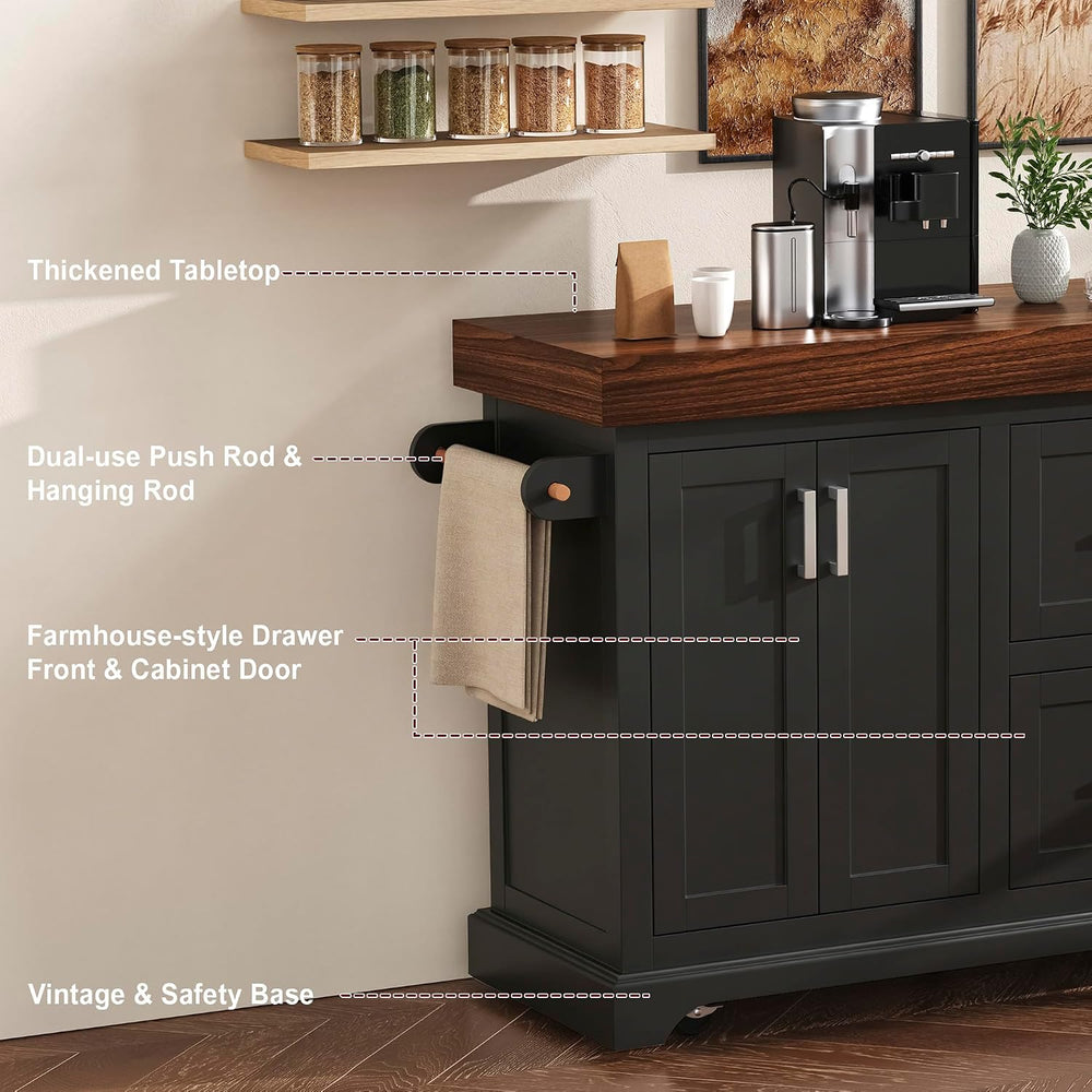 53" Large Kitchen Island with 3.5" Thick Desktop, Spice and Towel R...