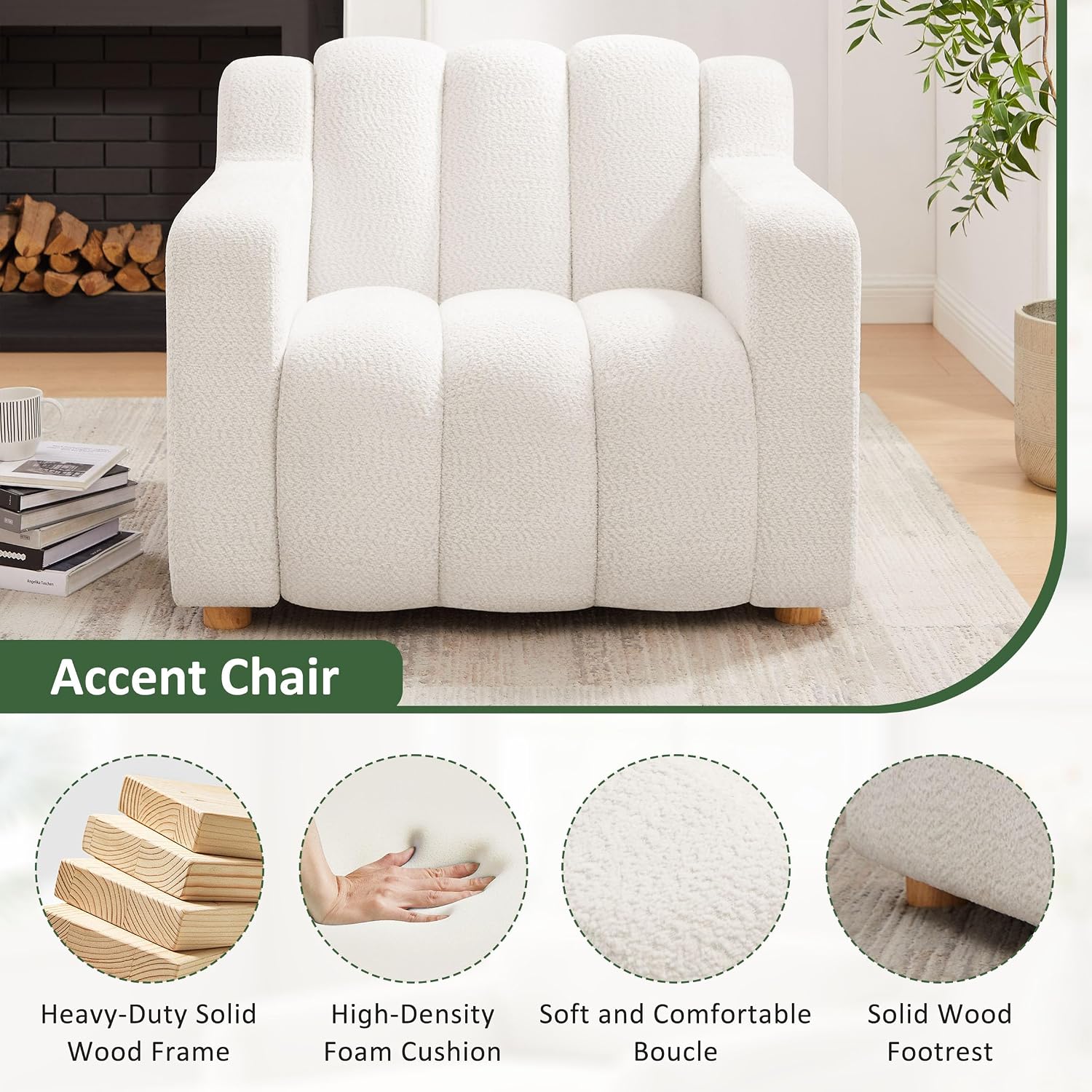 Oversized Accent Chair, Modern Living Room Chairs, Boucle White | Cloud Comfort, Upholstered Armchair, Ergonomic Design, Comfy Reading Chair for Bedroom, Office, Waiting Room