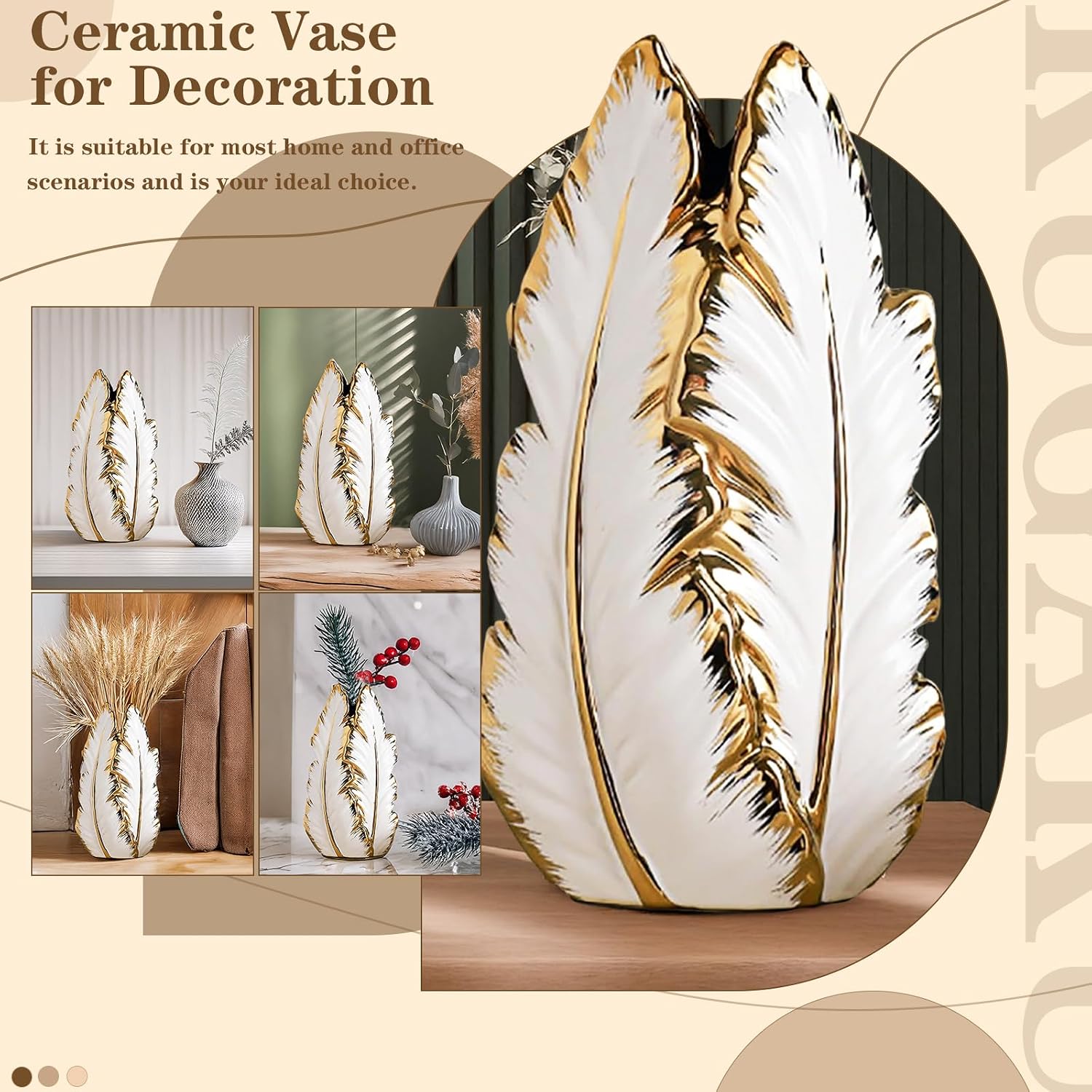 White and Gold Ceramic Vase for Home Decor Modern Decorative Vase 10.7in | Modern pampas grass vase for white and gold home decor perfect centerpiece for living room entryway bedroom and office table