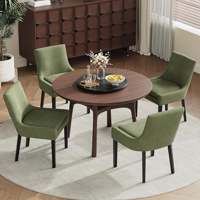 Dining Chairs Set of 2, Upholstered Corduroy Dining Room Chair with Wood Legs, Mid-Back Padded Kitchen Side Chairs for Dining Room, Green