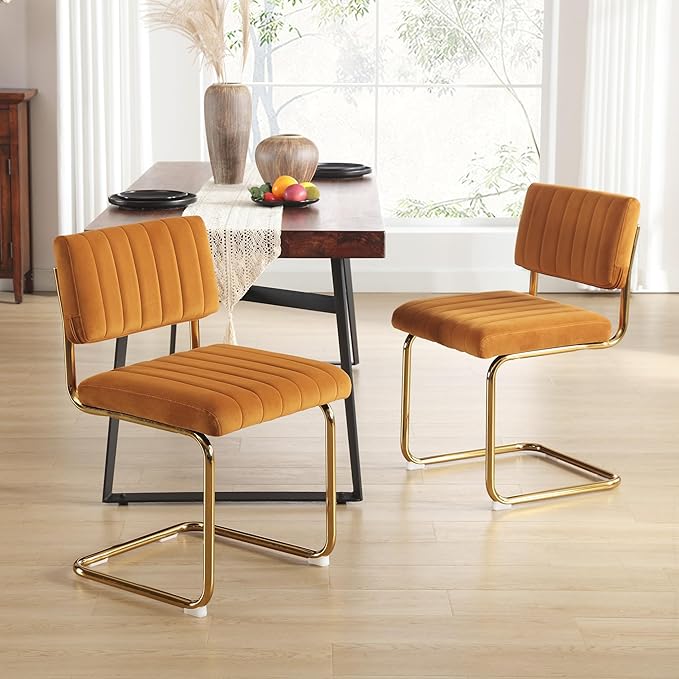 ONEVOG Orange Velvet Dining Chairs Set of 2, Upholstered Kitchen & Dining Room Chair, Comfy Dinner Chair with Gold Metal Legs, Cantilevered Design Seat for Bedroom, Living Room