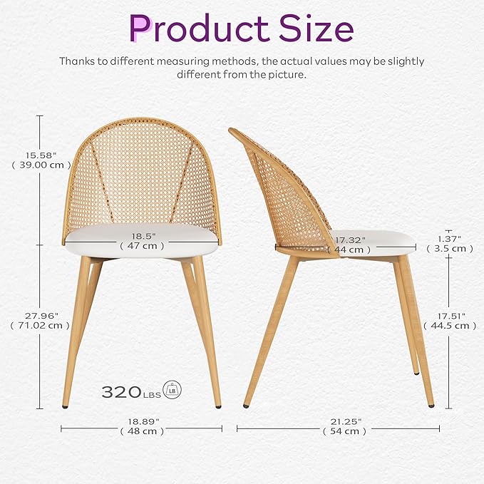 TYBOATLE Rattan Dinner Chairs Set of 4 with Faux Leather Cushion, Modern Dining Room Chairs w/Adjustable Foot Pads, Kitchen Boho Mid Century Upholstered, White