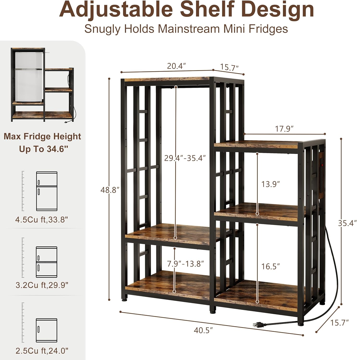 Mini Fridge Stand Coffee Bar Cabinet Station With Small Refrigerator Insert Storage Space, Shelf Organizer For Dorm Microwave To Sit On, Baker Rack With Power Outlet, Big Table To Go Over Hide Fridge