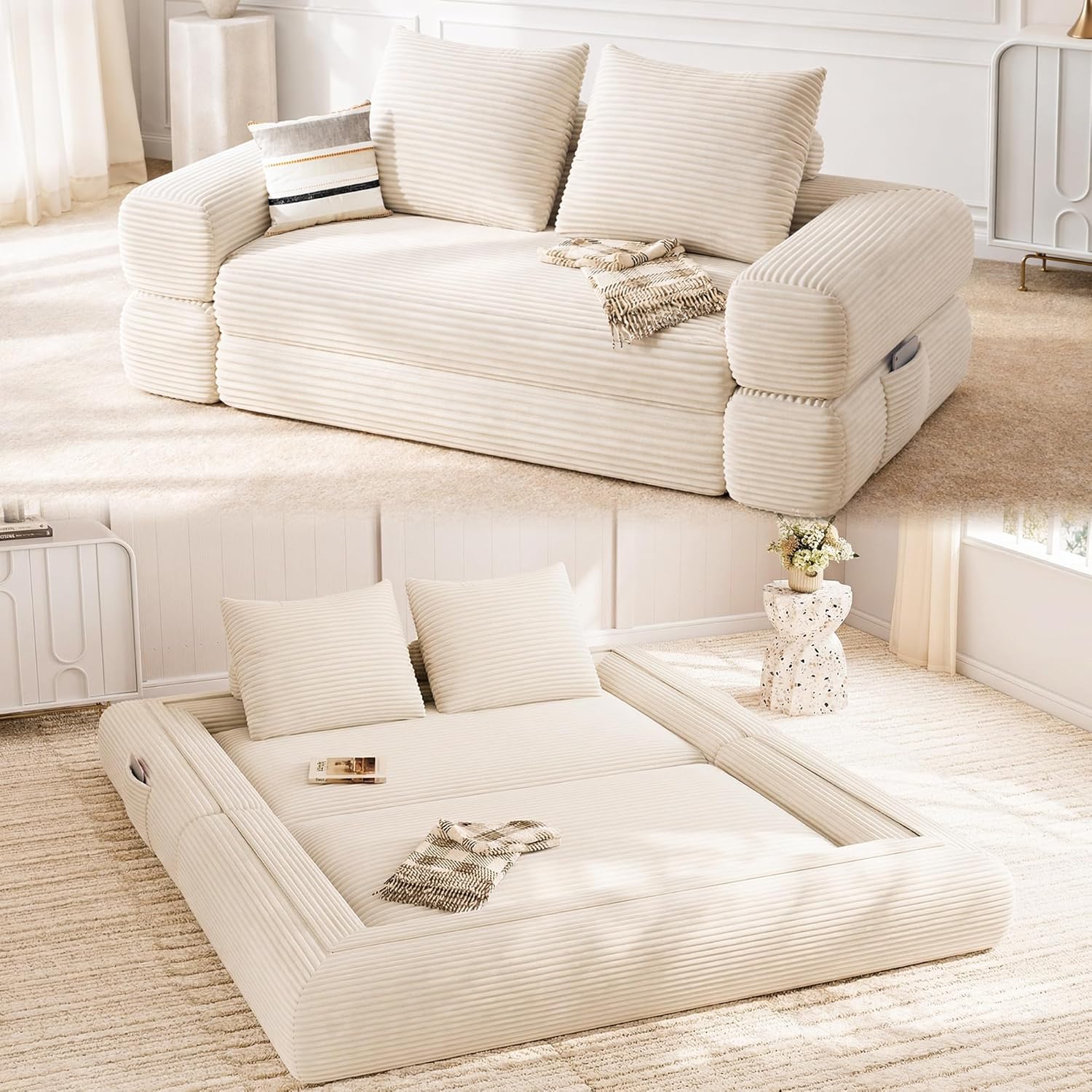 Jocoevol 4-in-1 Convertible Folding Sofa Bed, 78"W x 68"L Queen Size Foldable Sleeper Sofa Bed, Wide Corduroy Upholstery, Boneless Mattress Couch with Armrests & Neck Pillow for Living/Bedroom, Beige
