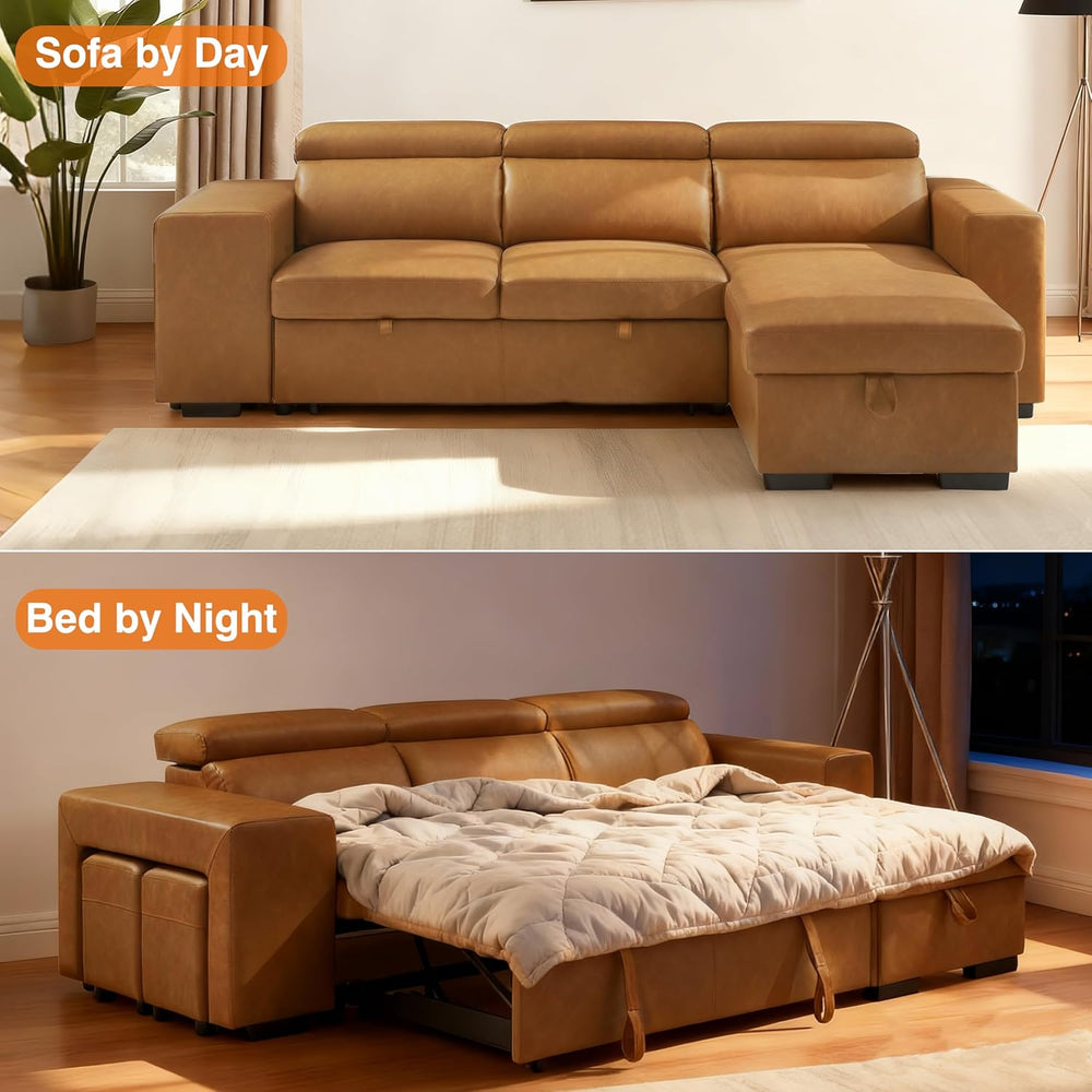 THSUPER 102'' Leather L Shaped Sectional Sleeper Sofa with Pull Out B...