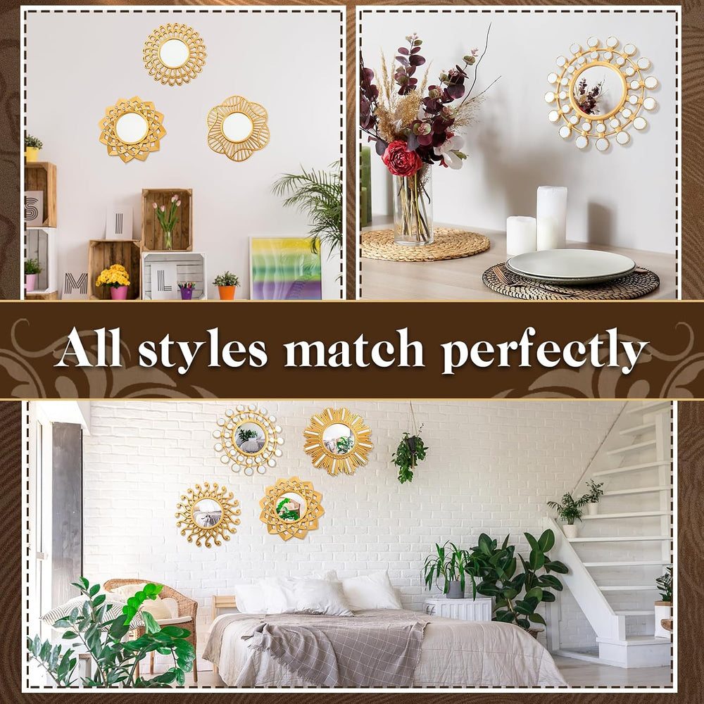 Barydat 10 Pcs Boho Gold Sun Mirrors for Wall Decor 10 Inches Plastic Decorat...