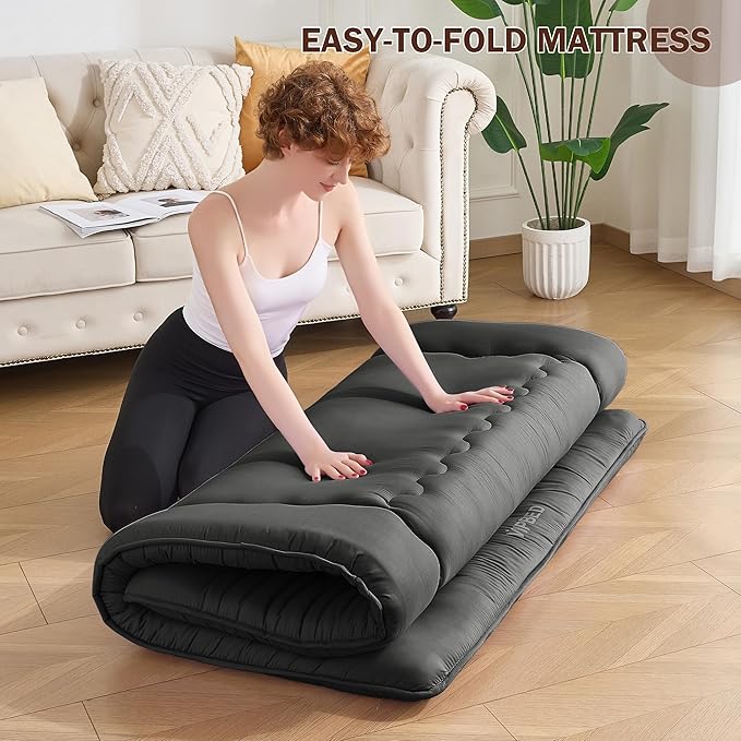 Japanese Floor Futon Mattress Full Size, 25D High Density Support Foam, 4" Thicken Foldable Mattress Tatami Mat Sleeping Pad Suitable for Camping, Guest Room, Black 54"x 80"
