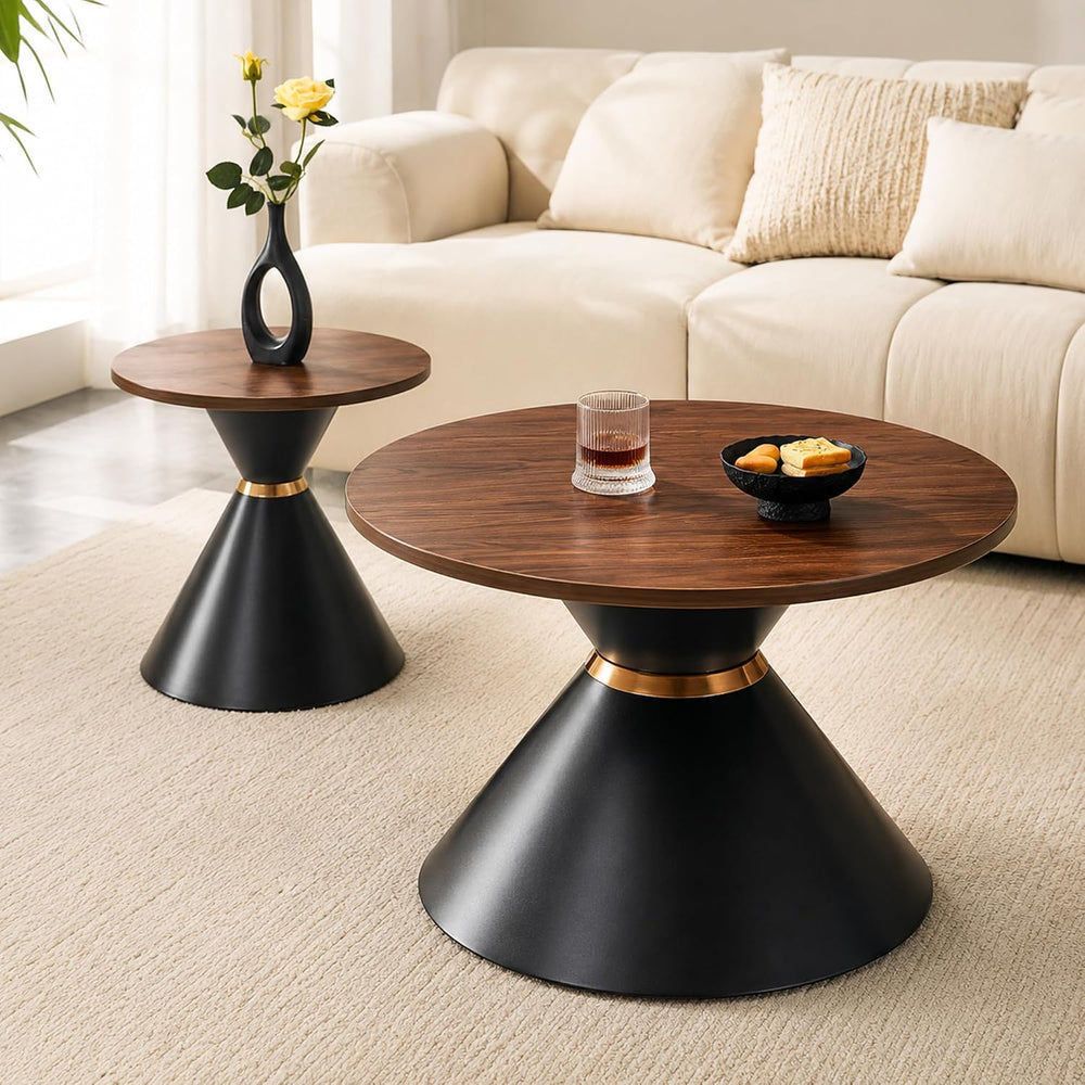Round Coffee Table Set, Walnut Textured Top with Metal Base, Living Room &amp...