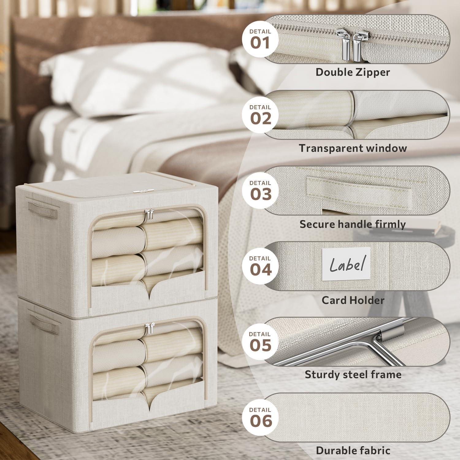 FHSQX 3 Pack Clothes Storage Bins Foldable Metal Frame Storage Box Stackable Linen Fabric Organizer Set with Carrying Handles and Clear Window (Beige, 15.7x11.8x7.8inch(22L))