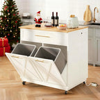 DWVO Rolling Kitchen Island with Double Tilt Out 10 Gallon Trash Can Cabinet Power Outlet