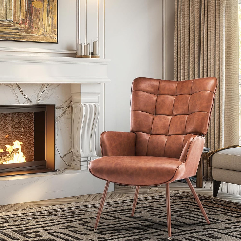 Kosydown PU Leather Wingback Accent Chair with High Back & Tufting, Brown...