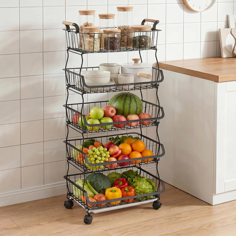 VECELO 5-Tier Fruit Basket with Wheels, Fruit and Vegetable Storage Cart for ...