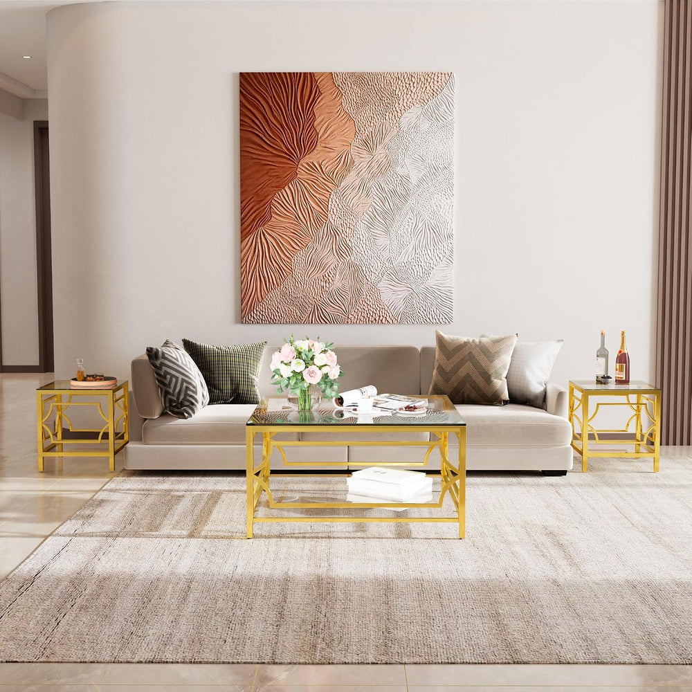 Modern 19.7" Square Glass Side Table for Living Room Luxury 2-Tier Stora...