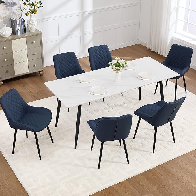 Dining Chair Set of 8, Modern Dining Chairs with Thick Cushions, Faux Leather Upholstered Kitchen Dining Room Chairs with Metal Adjustable Legs for Dining Living Room, Blue