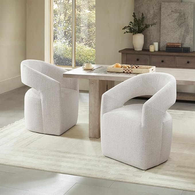 Upholstered Dining Chairs with Casters, No Assembly Modern Barrel Armchair with Rollers for Dining Room, Bedroom, Living Room, Reading Room, Home Office, Set of 2, Beige