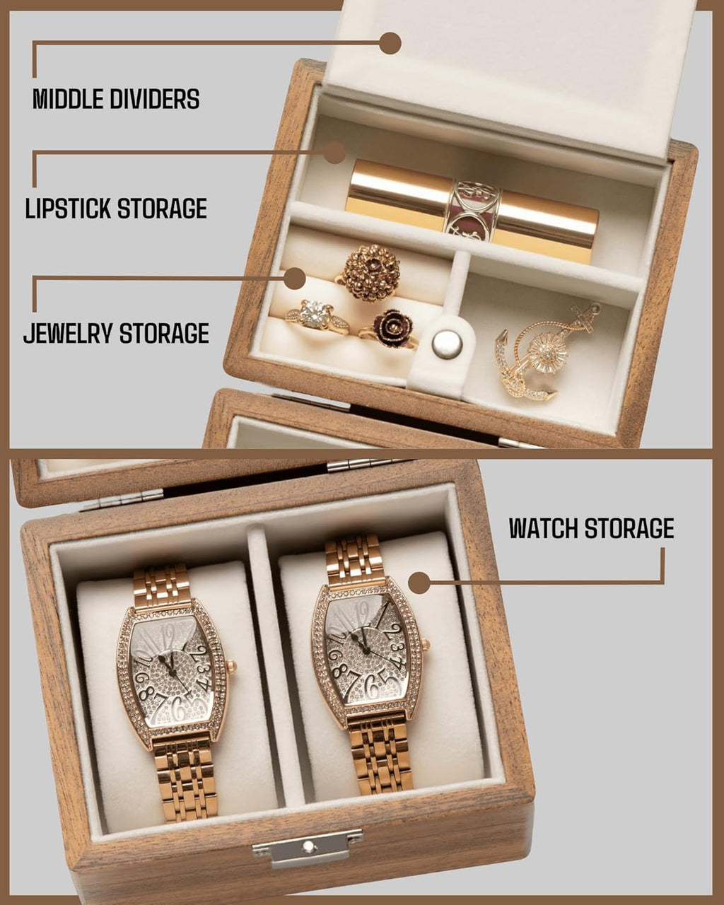 Watch Box, Watch Travel Case for Men, Wood Watch and Jewelry Holder Organizer for Woman, Portable Protection 2-Slot Watch Display Storage Case, Natural Walnut