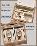 Watch Box, Watch Travel Case for Men, Wood Watch and Jewelry Holder Organizer for Woman, Portable Protection 2-Slot Watch Display Storage Case, Natural Walnut
