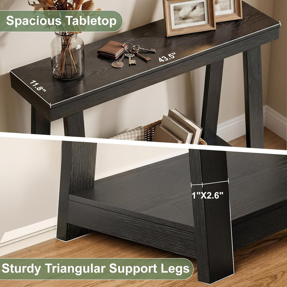 Black Console Table, 43.5" Narrow Black Entryway Table with 2-Tier Stora...