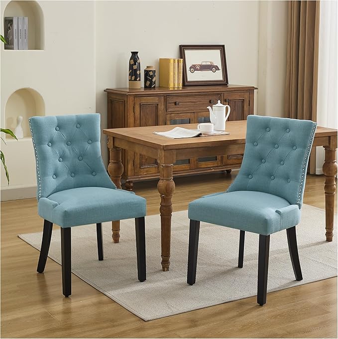 Upholstered Tufted Dining Chairs Set of 2, Fabric Side Dining Room Chairs with Nailhead Back Ring Pull Trim Solid Wood Legs, Blue