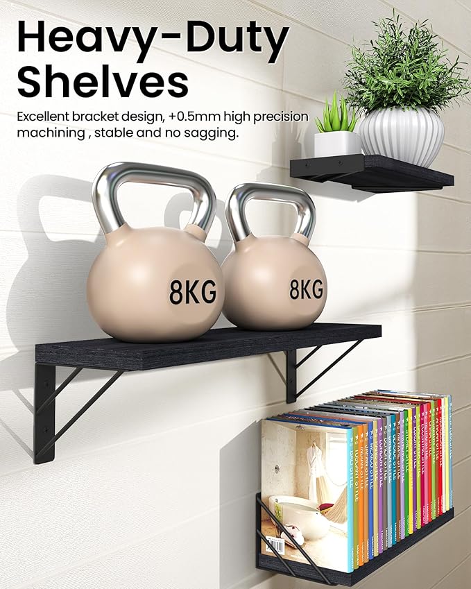 BAYKA Wall Shelves for Bedroom Decor, Floating Wall Shelves for Living Room Kitchen Storage, Wall Mounted Rustic Wood Floating Shelves for Kids Books, Corner Shelves for Bathroom, Office(Set of 3)
