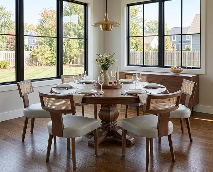Upholstered Dining Chairs Set of 6 with Rattan Back, Modern Wooden Kitchen Chairs PU Leather Side Dining Room Chair Farmhouse Dinner Chair, Grey
