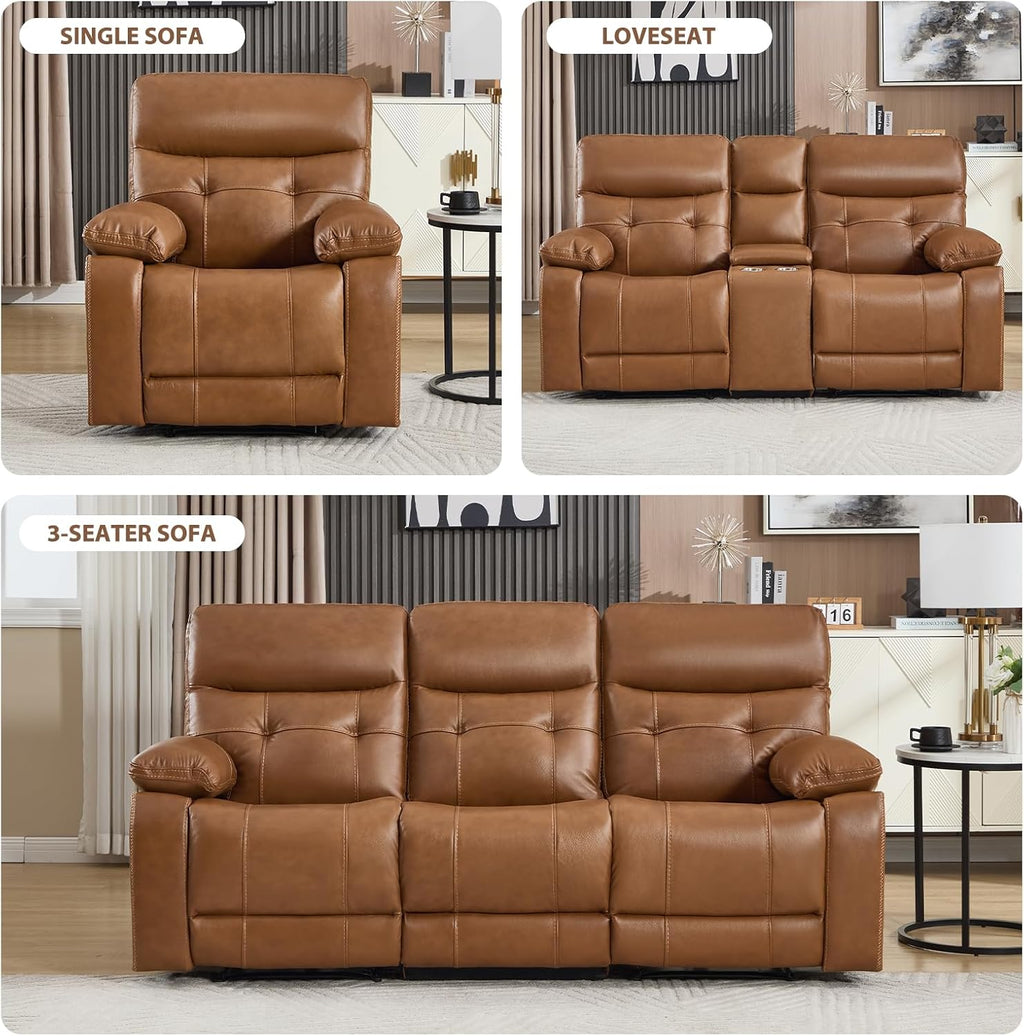 Genuine Leather Power Recliner Sofa,3 Seater Reclining Sofa with Comfortable Arms and Back,Modern Electric Recliner Couch Set with Hidden Cup Holders,USB Port for Living Room,Brown