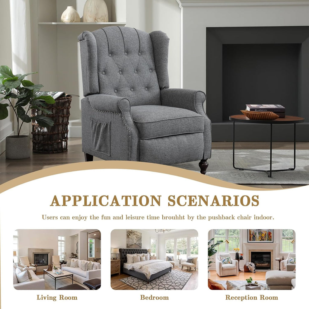 Pushback Recliner Chair Set of 2, Linen Tufted Armchairs with Massage & Heat, Mid-Century Modern Wingback Accent Chairs for Living Room, Small Space (Light Grey, 2PC)