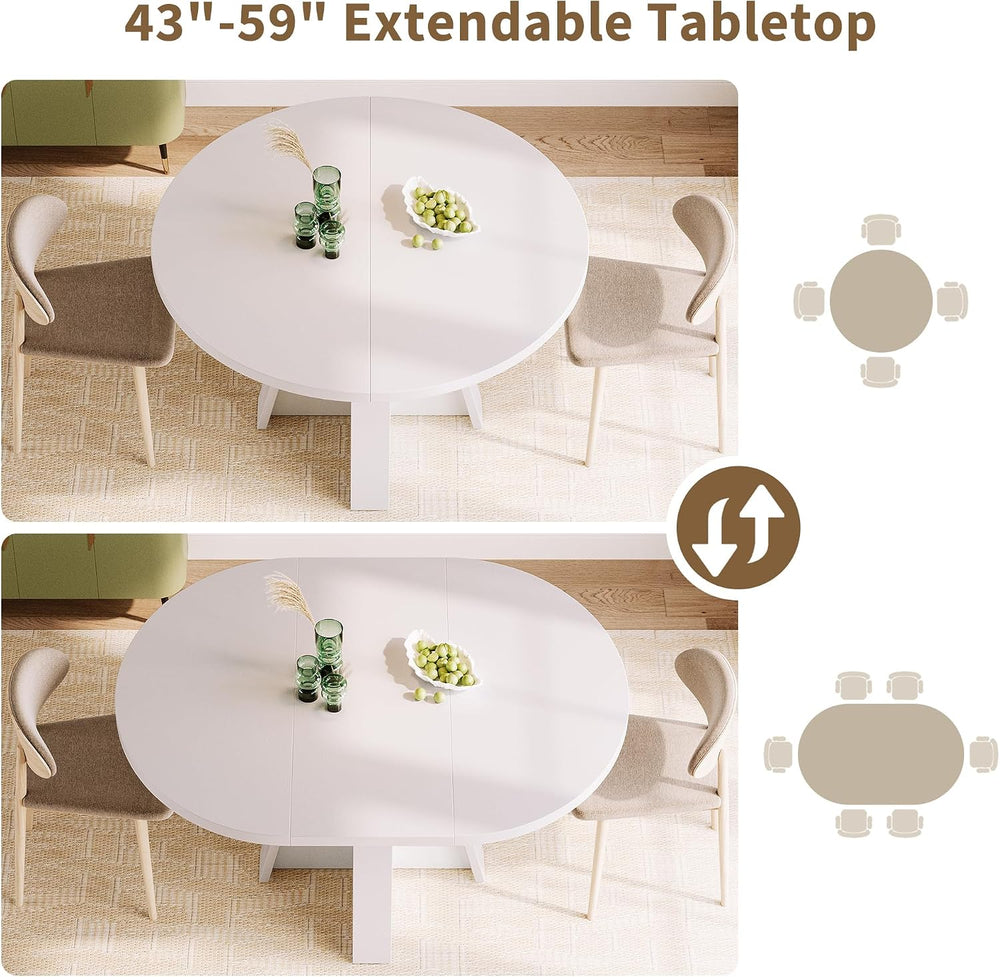 iPormis 43.3in-59in Extendable Round Dining Table for 4-6, Modern Wooden Kitc...