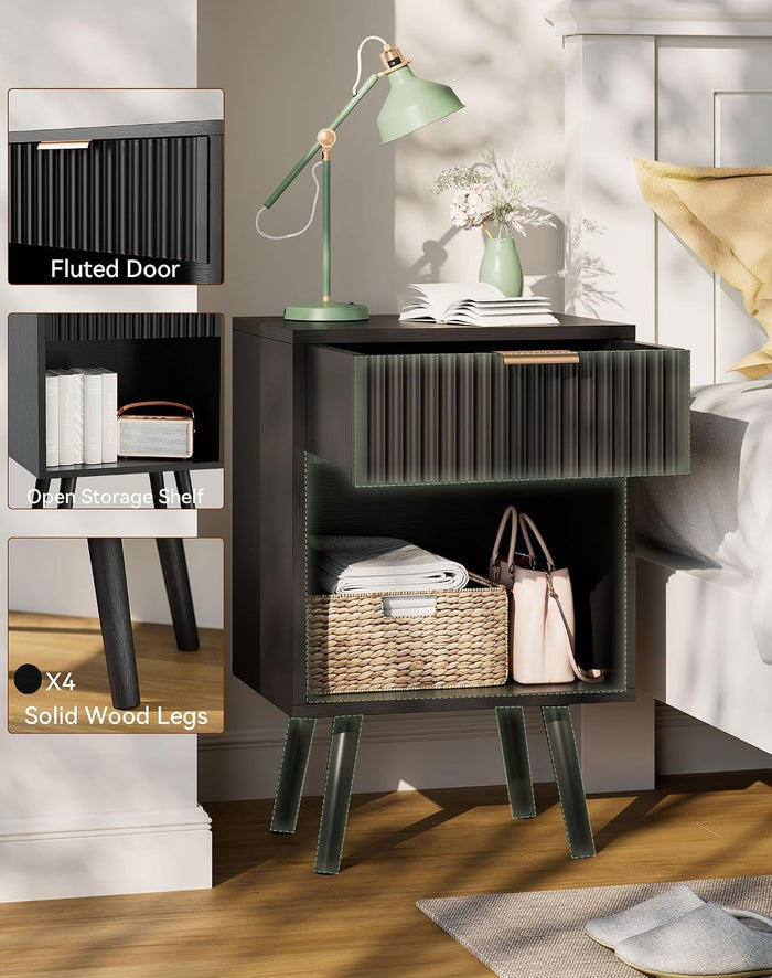 YMYNY Mid Century Modern Nightstand Set of 2, Side Table with Fluted Drawer, Open Shelf Unit, Golden Handle, Solid Wood Legs, Bedside Table, for Bedroom, Black UHST013B-2